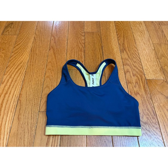 Nike Dri-Fit Sports Bra Racerback Blue Yellow Logo Athletic Workout Women's M - Picture 6 of 8